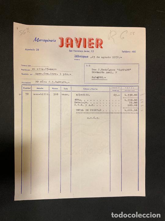 Old Invoices: FACTURA. MARROQUINERIA JAVIER. UBRIQUE 1972.