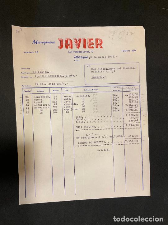 Old Invoices: FACTURA. MARROQUINERIA JAVIER. UBRIQUE 1972.
