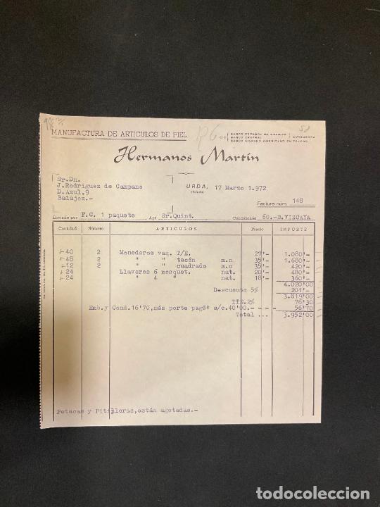 Old Invoices: FACTURA. HERMANOS MARTIN. MANUFACTURA DE ARTICULOS DE PIEL. URDA. TOLEDO 1972