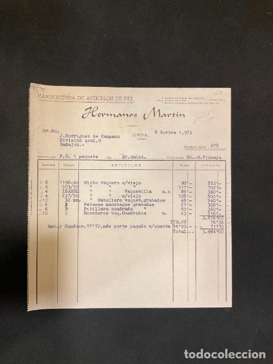 Old Invoices: FACTURA. HERMANOS MARTIN. MANUFACTURA DE ARTICULOS DE PIEL. URDA. TOLEDO 1972