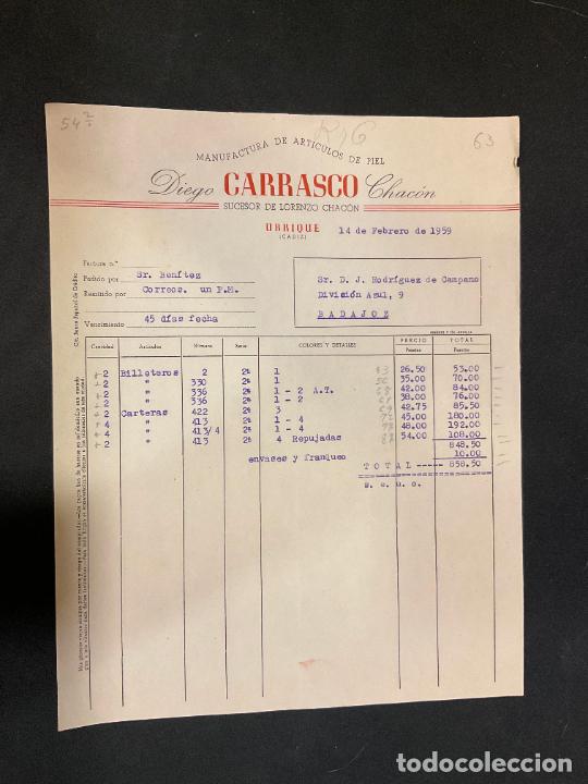 Old Invoices: FACTURA. DIEGO CARRASCO CHACON. MANUFACTURA DE ARTICULOS DE PIEL. UBRIQUE CADIZ 1959