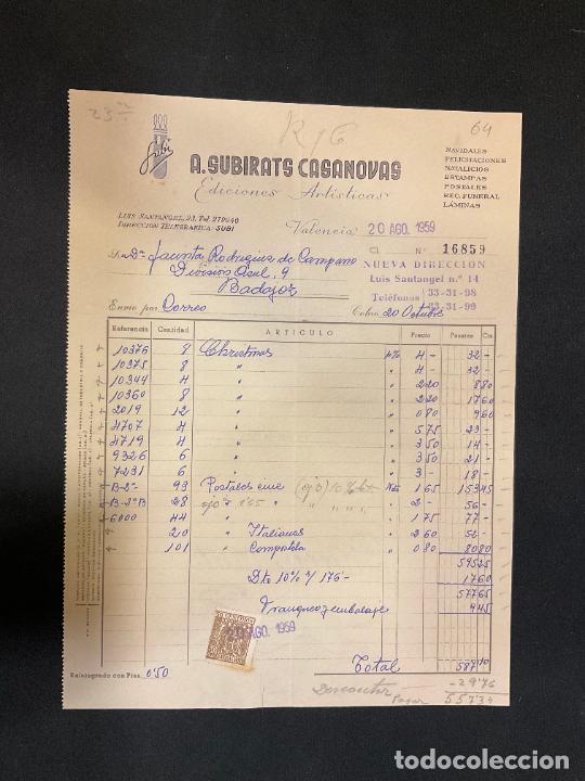 Old Invoices: FACTURA. A. SUBIRATS CASANOVAS. EDICIONES ARTISTICAS. VALENCIA. 1959. NAVIDADES. FELICITACIONES