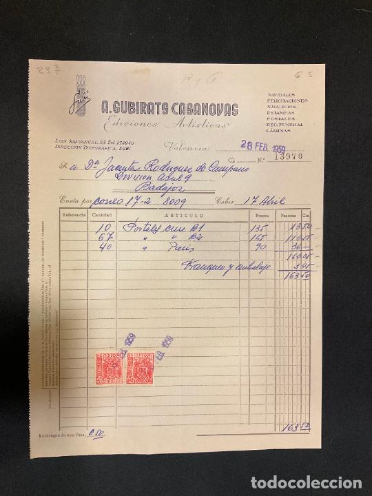 Old Invoices: FACTURA. A. SUBIRATS CASANOVAS. EDICIONES ARTISTICAS. VALENCIA. 1959. NAVIDADES. FELICITACIONES