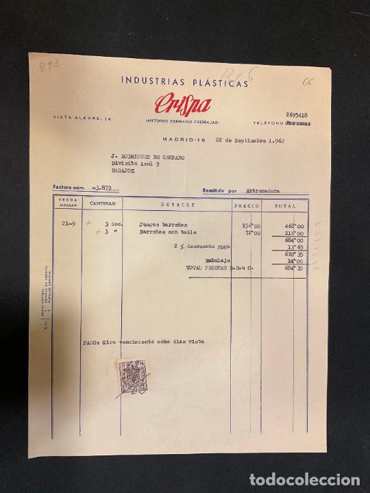 Old Invoices: FACTURA. INDUSTRIAS PLASTICAS. CRISPA. ANTONIO SERRANO PEDRAJAS. MADRID 1962