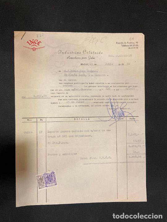 Old Invoices: FACTURA. INDUSTRIAS CELULOIDE. ARMADURAS PARA GAFAS. MADRID 1962. INCE.