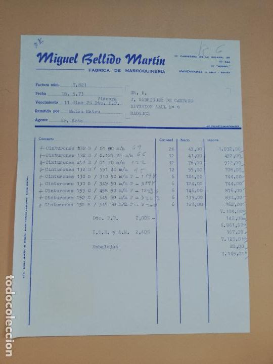 Factures anciennes: FACTURA. FABRICA DE MARROQUINERIA. MIGUEL BELLIDO MARTIN. MANZANARES, CIUDAD REAL, 1973.