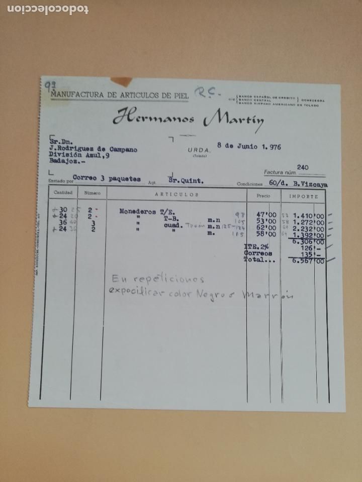Factures anciennes: FACTURA. HERMANOS MARTIN. MANUFACTURAS DE ARTICULOS DE PIEL. URDA, TOLEDO, 1976.