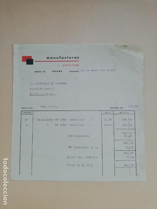 Factures anciennes: FACTURA. R. SALCINES. MANUFACTURAS. LAREDO, SANTANDER, 1965.