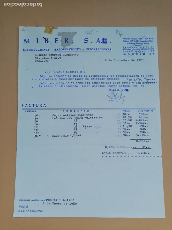 Factures anciennes: FACTURA. MIBER, S.A. DISTRIBUCIONES- EXPORTACIONES- IMPORTACIONES. MADRID, 1979.