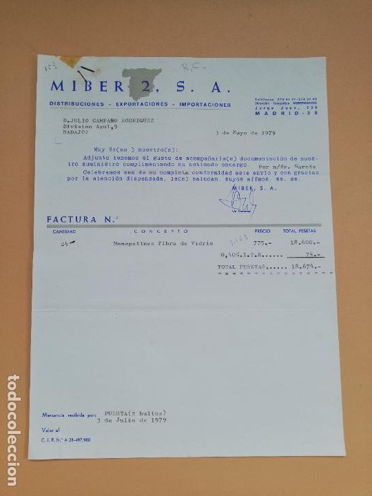 Factures anciennes: FACTURA. MIBER 2, S.A. DISTRIBUCIONES- EXPORTACIONES- IMPORTACIONES. MADRID, 1979.
