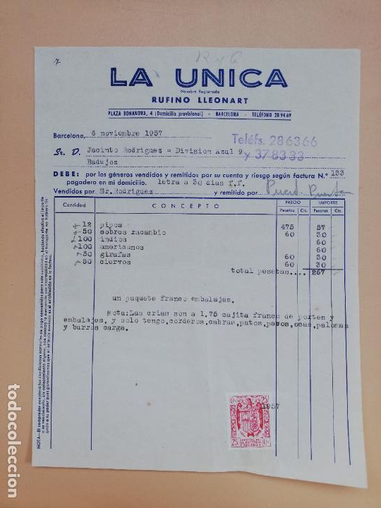 Facturas antiguas: FACTURA. LA UNICA. RUFINO LLEONART. BARCELONA. 1957.