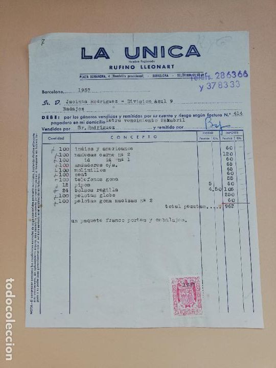 Facturas antiguas: FACTURA. LA UNICA. RUFINO LLEONART. BARCELONA. 1957.