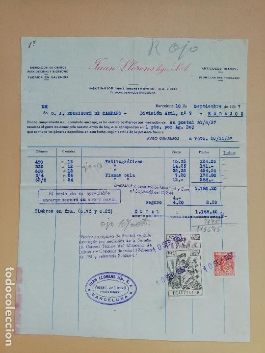 Facturas antiguas: FACTURA. FABRICACION DE OBJETOS PARA OFICINAS Y ESCRITORIO. JUAN LLORENS HIJOS. BARCELONA, 1957.
