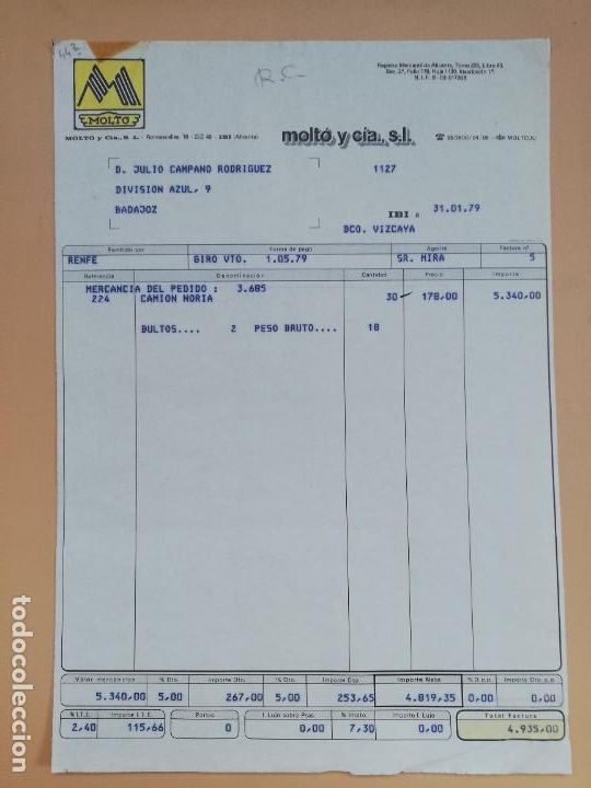 Facturas antiguas: FACTURA. MOLT&Oacute; Y CIA, S.L. IBI, ALICANTE, 1979.