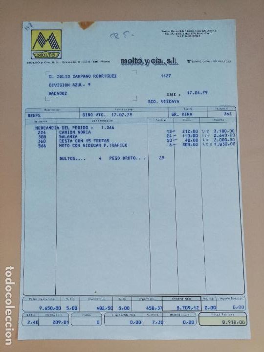 Facturas antiguas: FACTURA. MOLT&Oacute; Y CIA, S.L. IBI, ALICANTE, 1979.