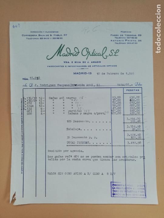 Facturas antiguas: FACTURA. MADRID OPTICAL, S. L. FABRICANTES E IMPORTADORES DE ARTICULOS OPTICOS. MADRID. 1965.
