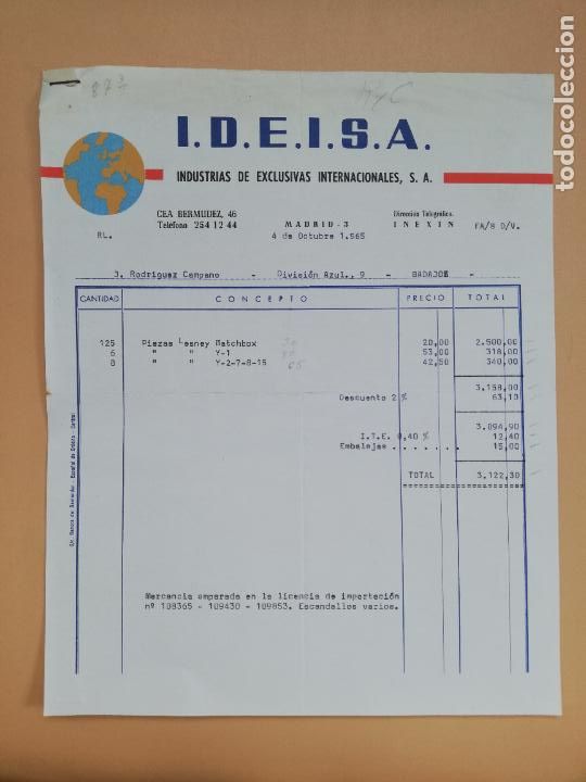 Facturas antiguas: FACTURA. INDUSTRIAS DE EXCLUSIVAS INTERNACIONALES, S.A. I.D.E.I.S.A. MADRID, 1965.