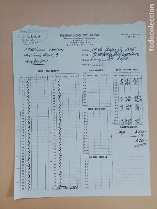 Facturas antiguas: FACTURA. INDUSTRIAS DE EXCLUSIVAS INTERNACIONALES, S.A. I.D.E.I.S.A. FERNANDO DE ALBA. MADRID, 1965.