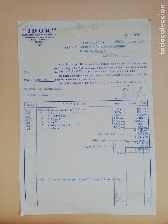 Facturas antiguas: FACTURA. INDUSTRIAL DE OPTICAS ROBLES. IDOR. MADRID, 1965.