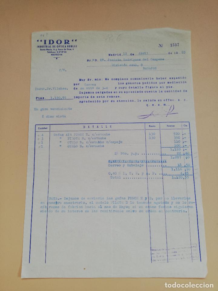 Facturas antiguas: FACTURA. INDUSTRIAL DE OPTICAS ROBLES. IDOR. MADRID, 1965.