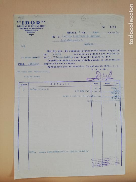 Facturas antiguas: FACTURA. INDUSTRIAL DE OPTICAS ROBLES. IDOR. MADRID, 1965.