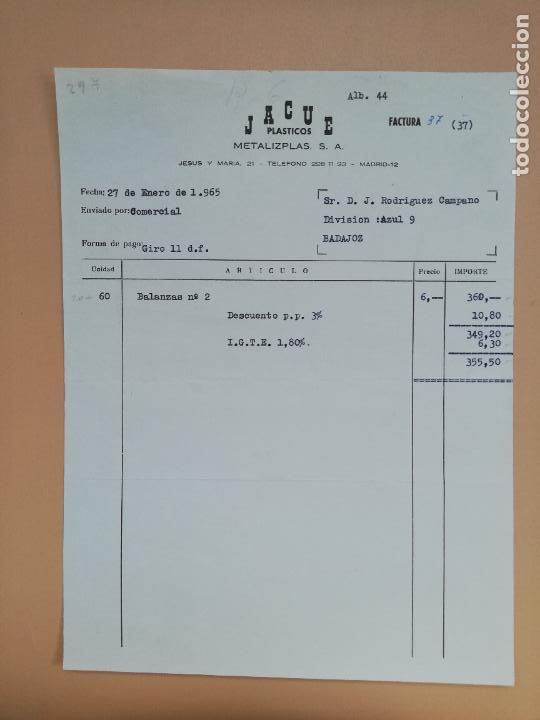 Facturas antiguas: FACTURA. METALIZPLAS, S. A. JACUE PLASTICOS. MADRID, 1965.