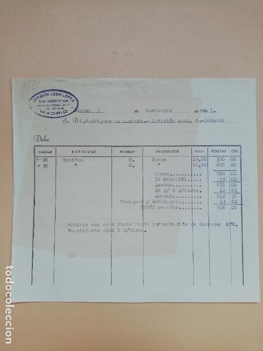Facturas antiguas: FACTURA. JOAQUIN LEON LOPEZ, AGENTE COMERCIAL. MADRID, 1965.