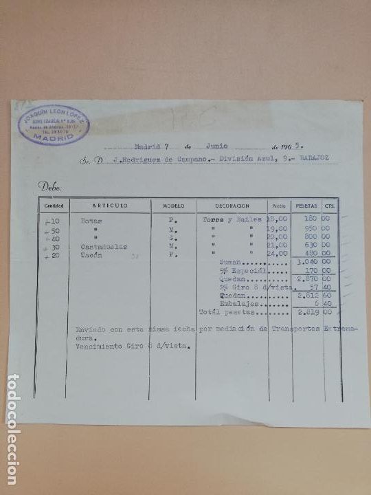 Facturas antiguas: FACTURA. JOAQUIN LEON LOPEZ, AGENTE COMERCIAL. MADRID, 1965.