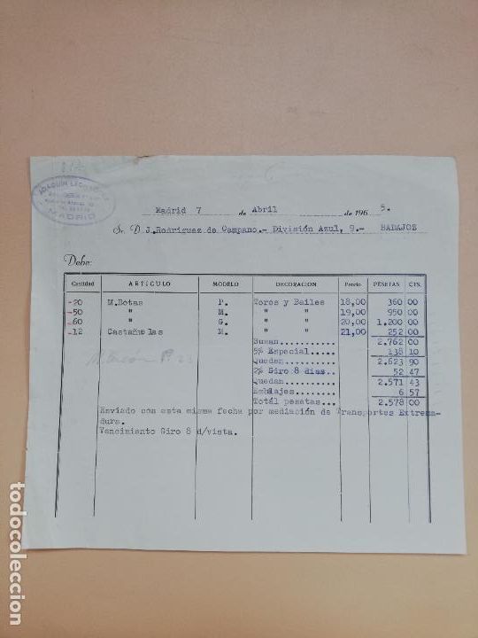 Facturas antiguas: FACTURA. JOAQUIN LEON LOPEZ, AGENTE COMERCIAL. MADRID, 1965.