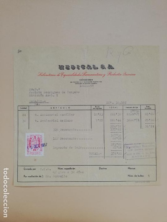 Facturas antiguas: FACTURA. LABORATORIOS DE ESPECIALIDADES FARMACEUTICAS. MEDICAL, S. A. CORDOBA. 1957.