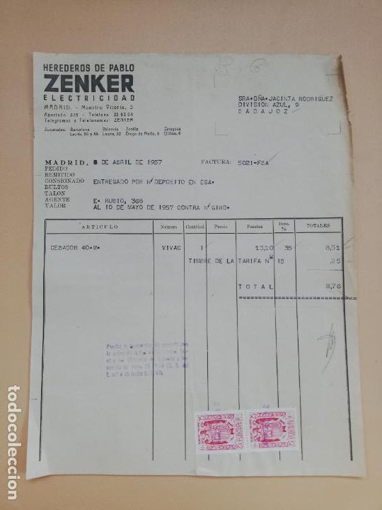 Facturas antiguas: FACTURA. ZENKER, ELECTRICIDAD. HEREDEROS DE PABLO. MADRID, 1957.