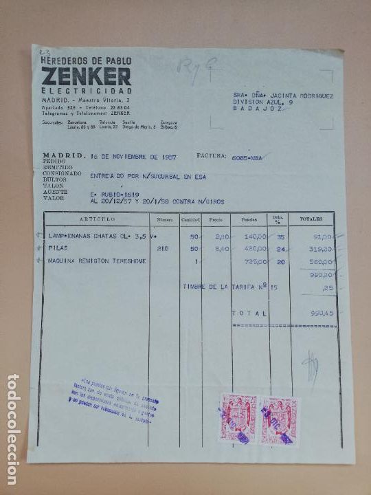 Facturas antiguas: FACTURA. ZENKER, ELECTRICIDAD. HEREDEROS DE PABLO. MADRID, 1957.