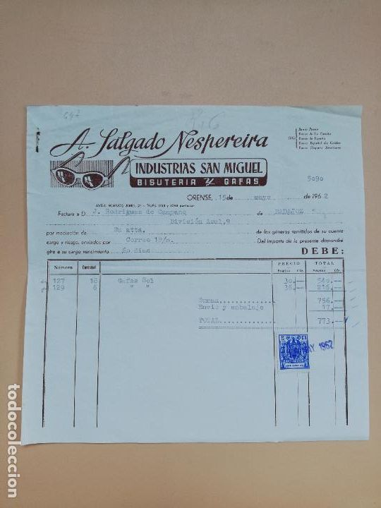 Facturas antiguas: FACTURA. INDUSTRIAS SAN MIGUEL. BISUTERIA Y OPTICA. A. SALGADO NESPEREIRA. ORENSE, 1962.