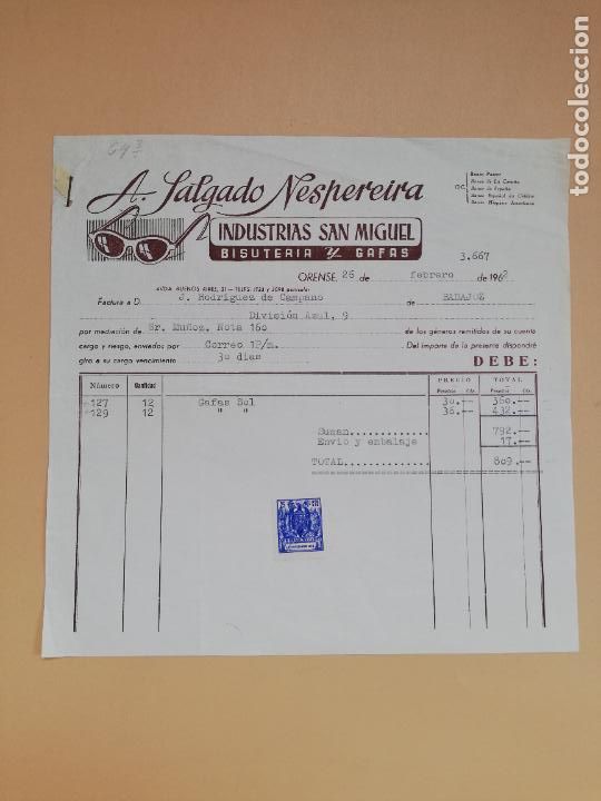 Facturas antiguas: FACTURA. INDUSTRIAS SAN MIGUEL. BISUTERIA Y OPTICA. A. SALGADO NESPEREIRA. ORENSE, 1962.