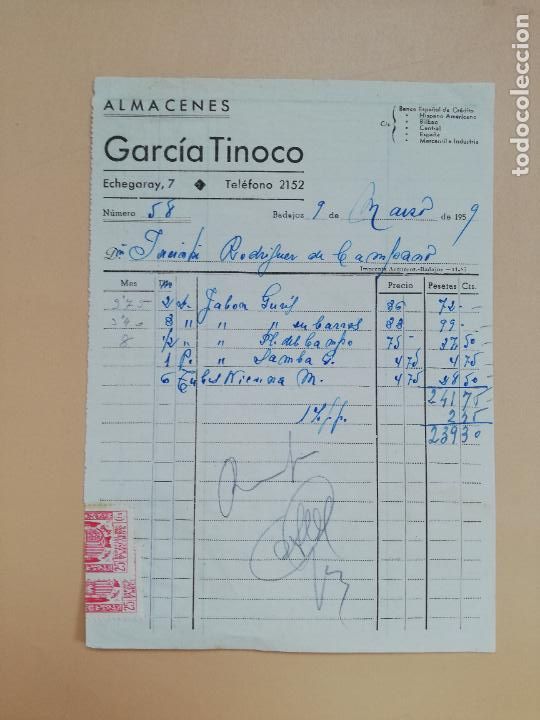 Facturas antiguas: FACTURA. ALMACENES GARCIA TINOCO. BADAJOZ, 1959.