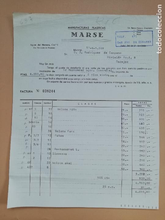 Facturas antiguas: FACTURA. MARSE. MANUFACTURAS PLASTICAS. MADRID, 1969.