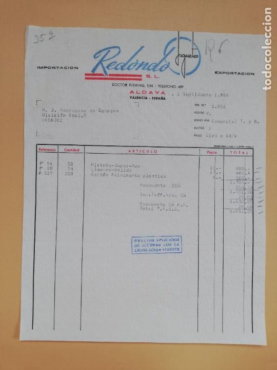 Facturas antiguas: FACTURA. REDONDO, S.L. IMPORTACION- EXPORTACION. JUGUETES. ALDAYA, VALENCIA, 1969.