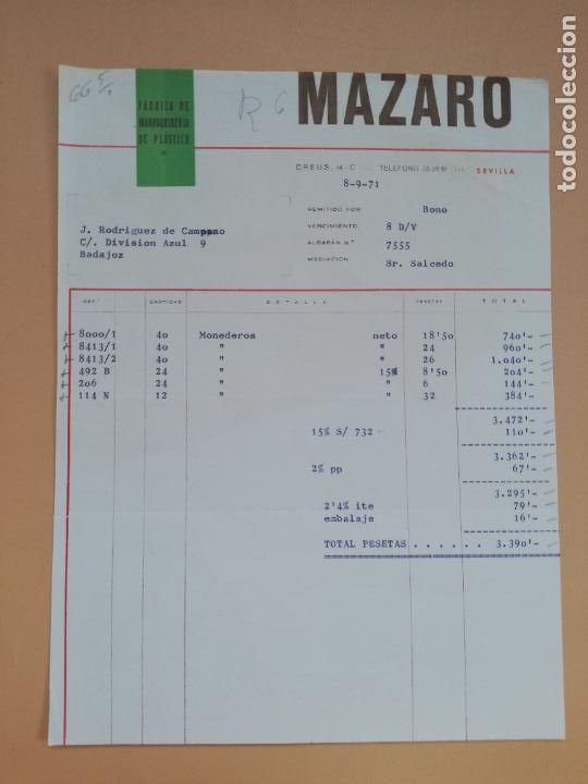 Facturas antiguas: FACTURA. FABRICA DE MARROQUINERIA DE PLASTICO. MAZARO. SEVILLA. 1971.