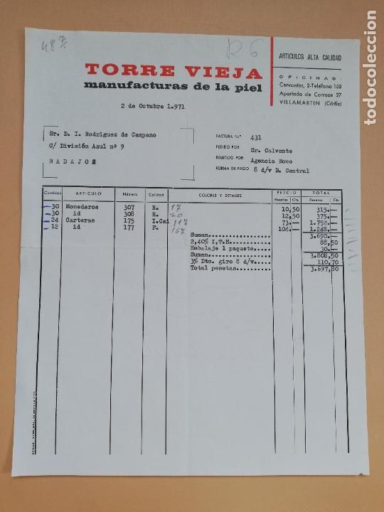 Facturas antiguas: FACTURA. TORRE VIEJA. MANUFACTURAS DE LA PIEL. VILLAMARTIN, CADIZ, 1971.