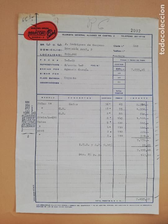 Facturas antiguas: FACTURA. CREACIONES OPTICAS MARCOR. ALTA CALIDAD. MADRID. 1969.