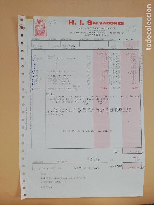 Facturas antiguas: FACTURA. H. I. SALVADORES, S. L. MANUFACTURAS DE LA PIEL. ASTORGA, LEON. 1976.