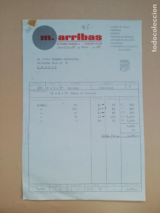 Facturas antiguas: FACTURA. M. ARRIBAS. ALMACEN DE POSTALES ESTAMPERIA. ZARAGOZA, 1977.