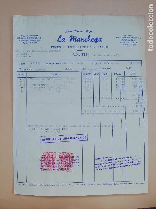 Facturas antiguas: FACTURA. FABRICA DE ARTICULOS DE PIEL. LA MANCHEGA. JUAN ANTONIO LOPEZ. ALBACETE. 1959.
