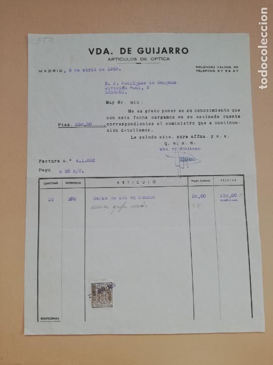 Facturas antiguas: FACTURA. ARTICULOS DE OPTICA. VDA. DE GUIJARRO. MADRID, 1959.