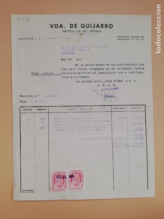 Facturas antiguas: FACTURA. ARTICULOS DE OPTICA. VDA. DE GUIJARRO. MADRID, 1959.