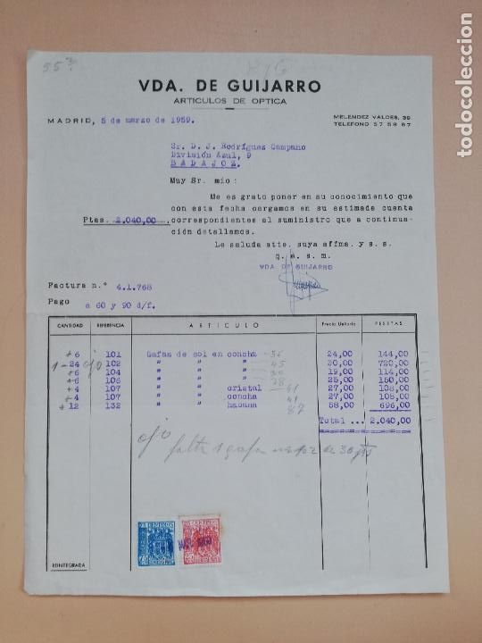 Facturas antiguas: FACTURA. ARTICULOS DE OPTICA. VDA. DE GUIJARRO. MADRID, 1959.
