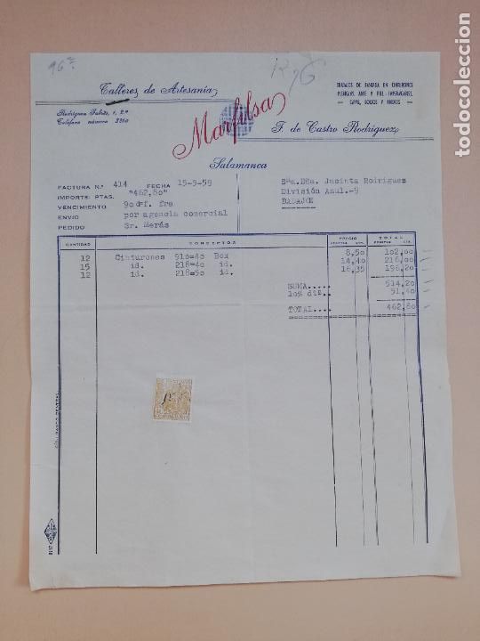 Facturas antiguas: FACTURA. TALLERES DE ARTESANIAS MARFILSA. SALAMANCA, 1959.
