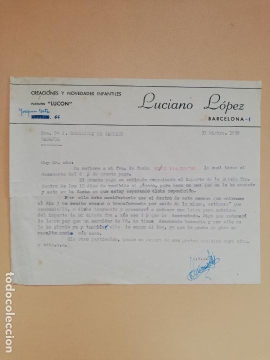 Facturas antiguas: CARTA COMERCIAL. CREACIONES Y NOVEDADES INFANTILES. LUCIANO LOPEZ. LUCON. BARCELONA, 1959.