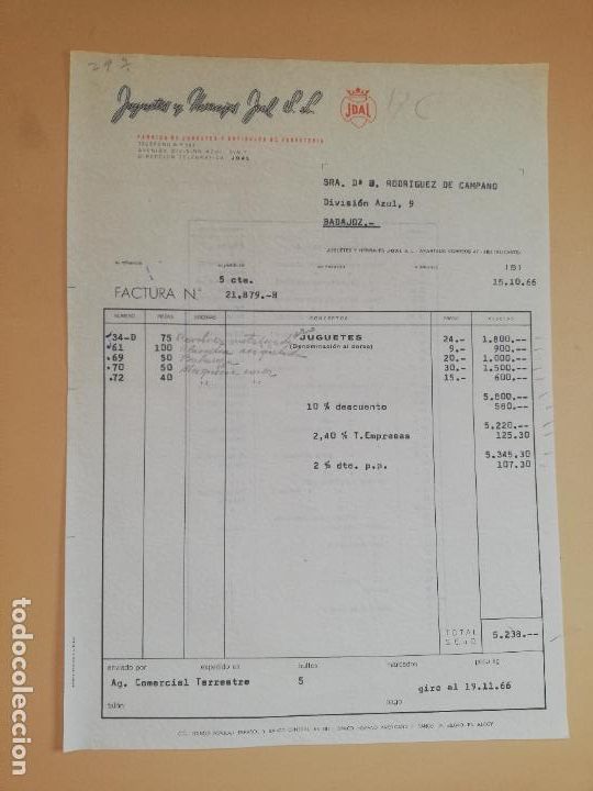 Facturas antiguas: FACTURA DE JUGUETES. JOAL. FABRICA DE JUGUETES. JUGUETES Y HERRAJES JOAL, S.L. IBI, ALICANTE, 1966.