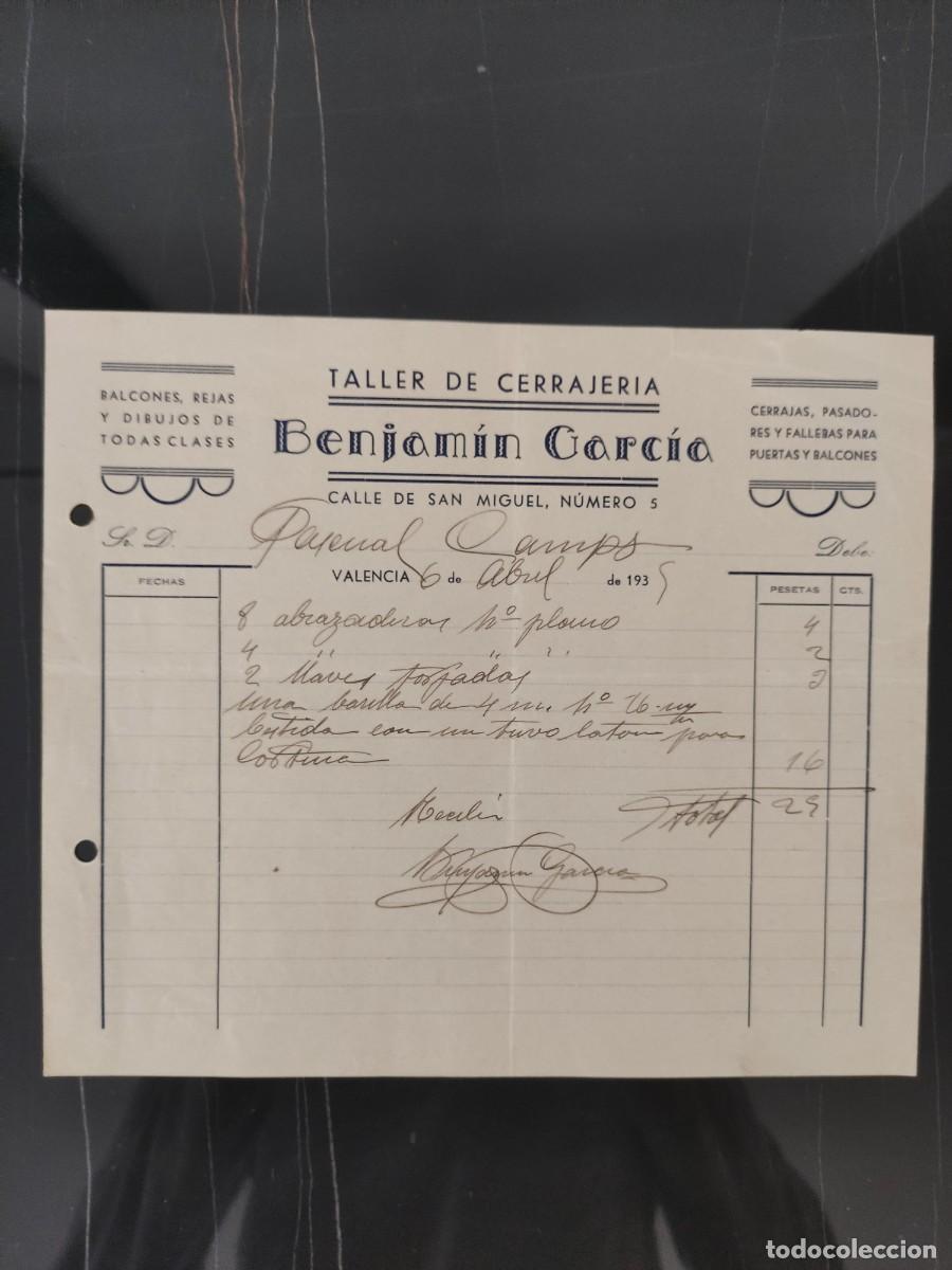 Facturas antiguas: Papel factura taller de cerrajeria Benjamin Garcia Valencia a&ntilde;o 1935 republica